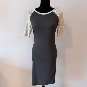 LuLaRoe Black Midi Dress with Shimmer Gold Raglan Sleeves